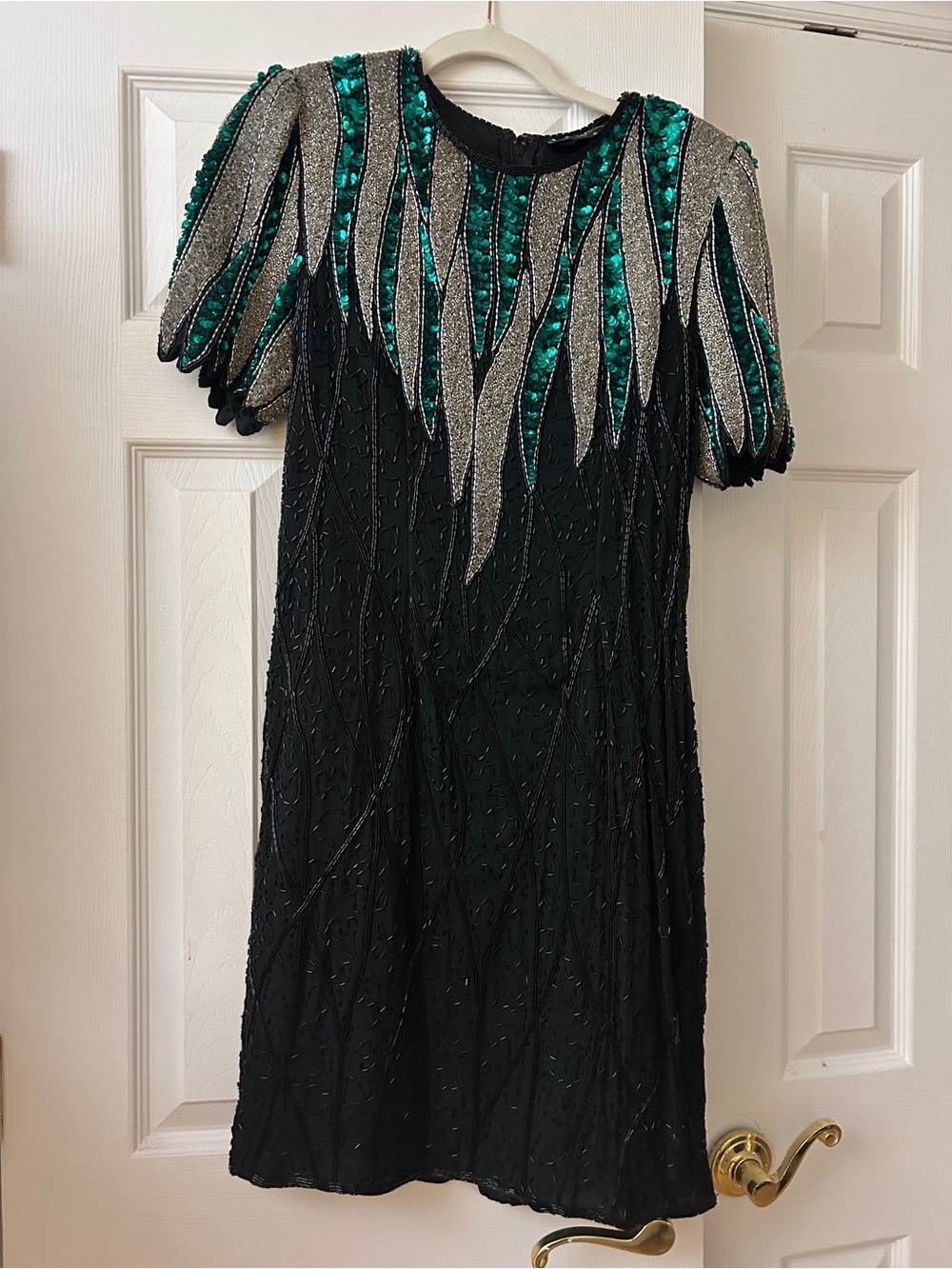 80s Royal Feelings Silk Beaded Dress Sequin Peacock Art Deco Cocktail 8PVintage